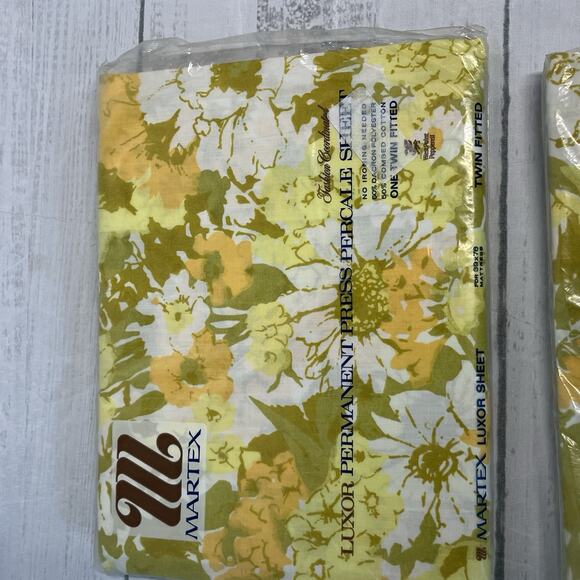 Vintage Martex Luxor Percale Twin Fitted Sheet Set 3pc Yellow Green Pillowcases - Picture 6 of 13